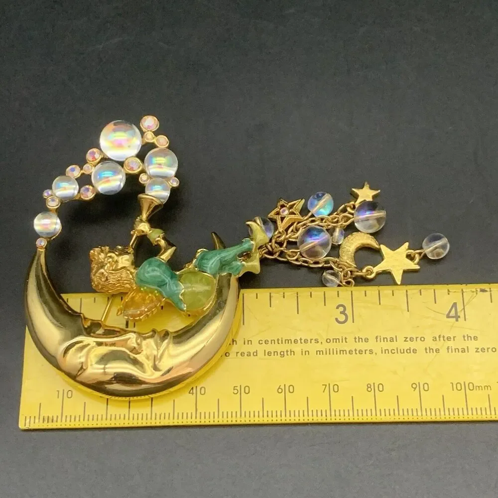 Vintage Kirks Folly Pipedream Fairy Moon Bubbles Charm Rhinestone Pin Brooch